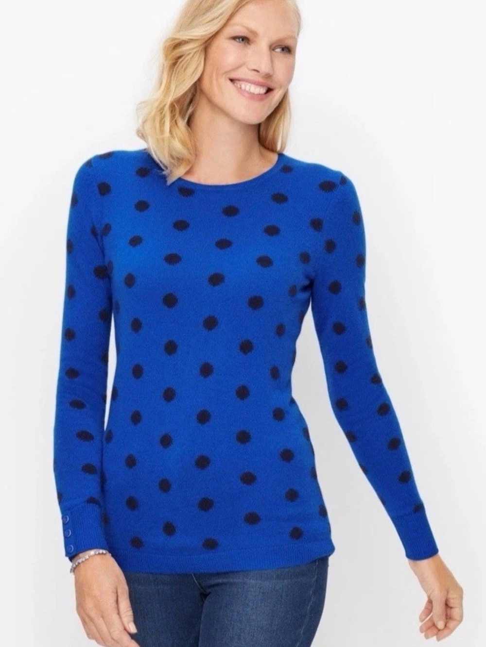 Talbots Cashmere Crew Neck Sweater Blue Polka Dot Quiet Luxury Cozy Work. XXL
